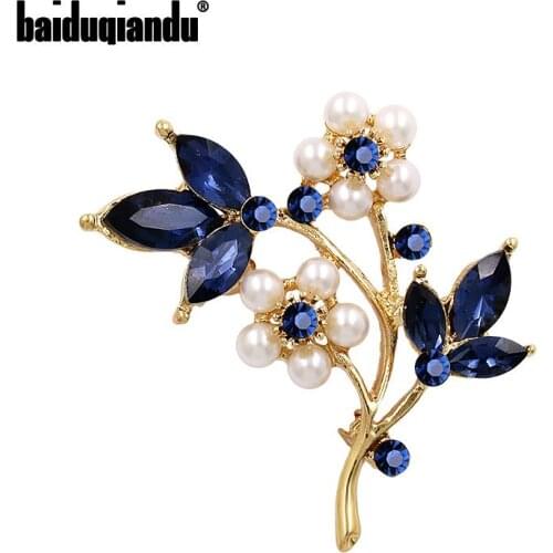 Baiduqiandu 2018 New Arrival Blue Crystal Plant Leaf Brooches for Women