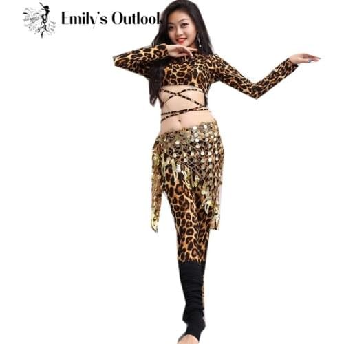 Sexy Belly Dance Practice Clothes Women Neopard Long Sleeve Shirt Cut Out Leggings Team Dance Show Wear Fow New Beginner