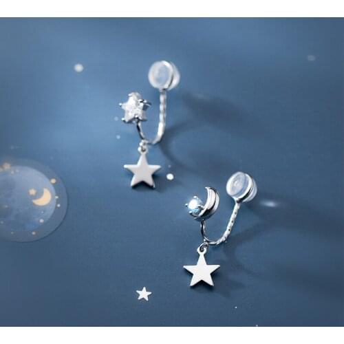 925 Sterling Silver Ear Clip Korean Fashion Asymmetric Star & Moon Without Fake Pierced Womens Earrings For Women Jewelry