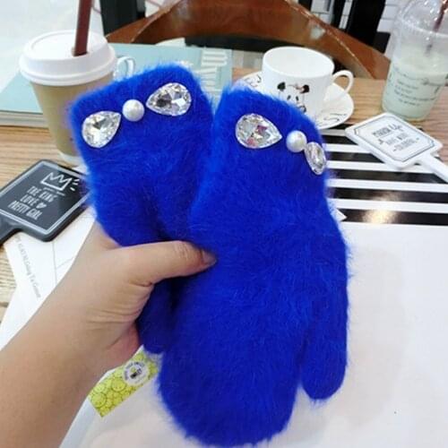 2017 women winter glove Fashion Pearl with crystal Rabbit Fur Gloves Girl winter outdoor mittens 6 Color