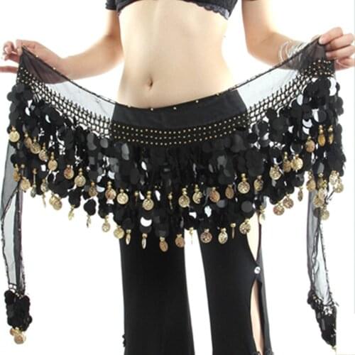 Women Belly Dancer Belt Chiffon Sequins Golden Coin Ladies Girls Skirt Danceing Belts
