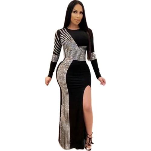 Free Shipping Wholesale 2021 Womens Dress Black Long Sleeve Diamond Fashion Floor-Length Celebrity Cocktail Party Long Dress