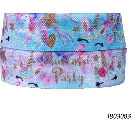 50 yards/lot)Wholesale rainbow gradient unicorn and gold horns printed fold over elastic foe
