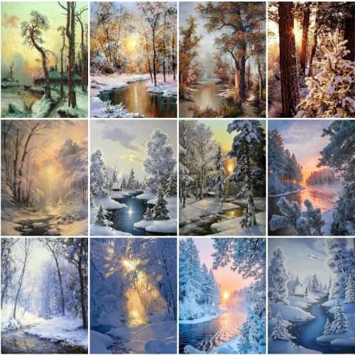 HUACAN 5D Diy Diamond Painting Winter Landscape Snow Home Decoration Diamond Embroidery Mosaic River Home Art