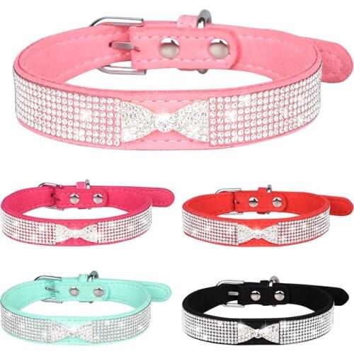 Shiny Rhinestone Dog Collar Pink Bowknot Pet Accessories Girl Suede Microfiber Collar and Leash for Small Medium Large Dogs
