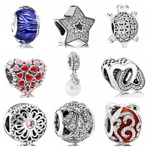 Btuamb Luxurious Star Love Heart Flower Crystal Simulated Pearl Pendant Beads Fit Charm Pandora Bracelet DIY Making Jewelry Gift