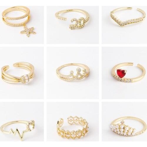 Elegant Cute Heart Star Gem Pearl Rings For Women 2021 New Sweet Romantic Good Gift Golden Copper JEwelry