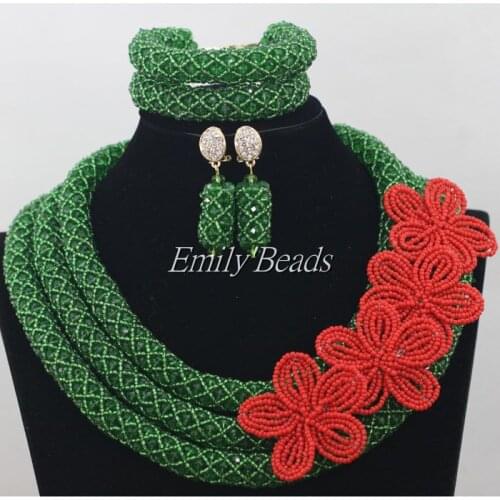Fantastic Dark Green Nigerian Wedding Beads Jewelry Set for Bride 2015 Popular Red Flowers Necklace Jewelry Set for Women AIJ361