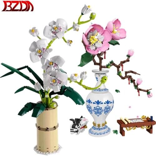 Ideas Flowers Bouquet Plants Series Phalaenopsis Peach Flowers Building Blocks DIY Home Decoration Birthday Gifts Toys for Girl