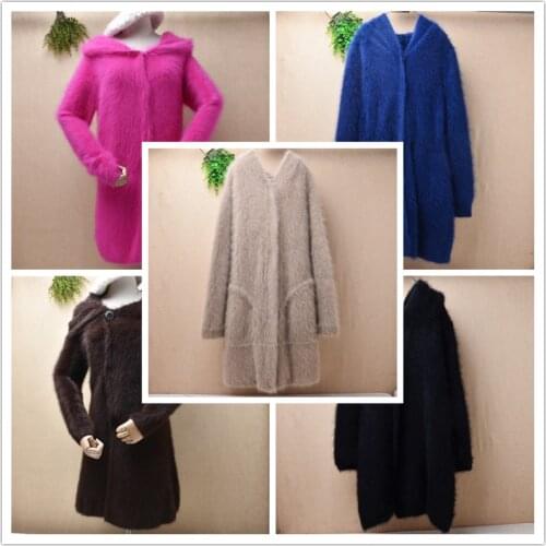 Female women winter sweater clothing hairy plush mink cashmere knitted hooded long cardigan autumn winter jacket angora fur coat