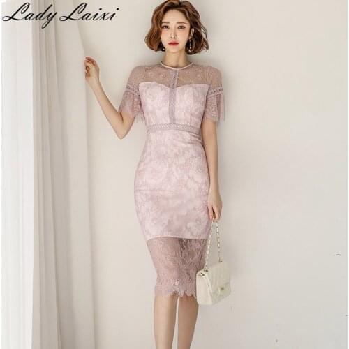 Summer O-neck short sleeve See through Lace Dress Bodycon Womens New Fashion Sexy Office OL Work Ladies Dresses Vestido