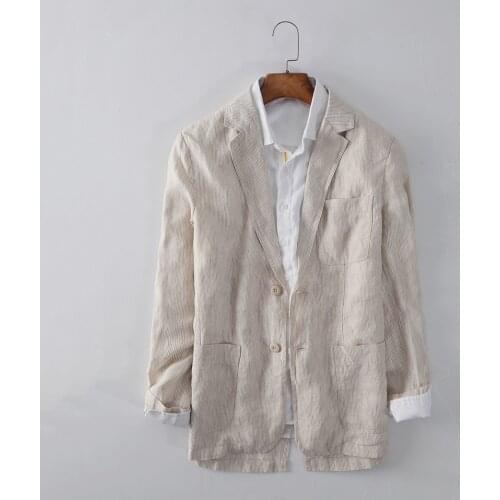 050 Spring Men Linen Blazer Suit Business Simple Stripe Long Sleeved Single-Breasted Comfortable Casual Loose Male Wedding Coats