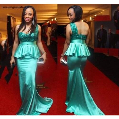 New Backless One Shoulder Turquoise Evening Dress African Mermaid Sequins Open Back Formal Wear Party Gown Custom Made Plus Size