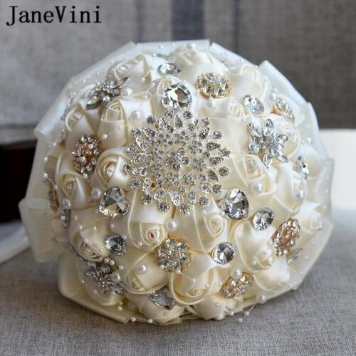 JaneVini 2020 Romantic Ivory Satin Rose Bouquet Handmade Bridal Bouquets for Weddings Beaded Crystal Brides Brooch Accessories