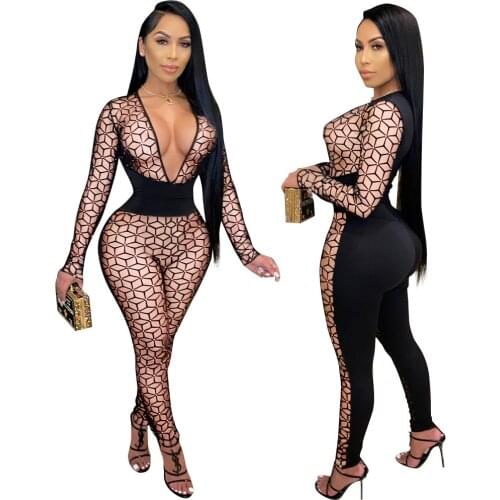 Sexy Deep V Neck Patchwork Jumpsuit One Piece Outfit Women Club Wear Long Sleeve Bodycon Woman Rompers Bodysuits Spring Clothes