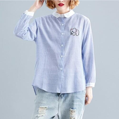 2021 New Spring Autumn Women Long Sleeve Loose Blouse High Quality Cute Elephant Embroidery Blue Stripe Cotton Linen Shirt