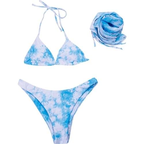 Womens Sexy Tie-Dye Print 3 Pieces Bikini Set Halter String Triangle Brazilian Swimsuit with Cover Up Sarong Wrap Skirt