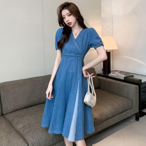 High Waist Slim Aline Jeans Dresses Women Summer Thin Denim Dress Patchwork Vintage V-neck Elegant Ladies Midi Long Robe Femme