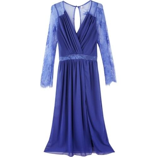 Neatie kiddie 2019 Spring New Womens Embroidered Lace Dress Long-Sleeved Dress Long Night Fashion Chiffon Dress Vestidos