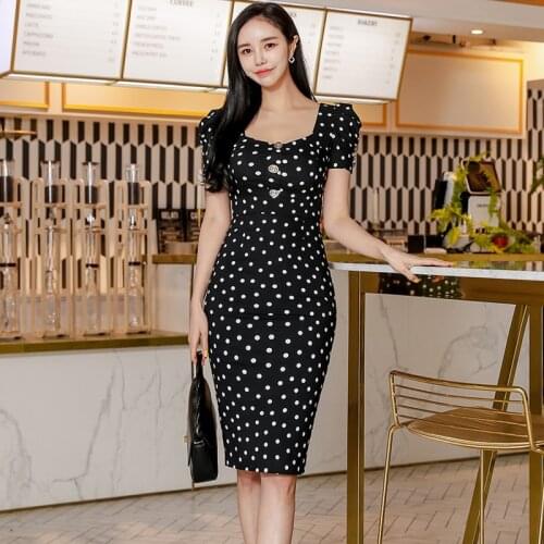 Korean Style Office Lady Pencil Dress Square Neck Slim Dot Print Bag Hip Work Wear Dress Fashion Casaul Party Dress Women