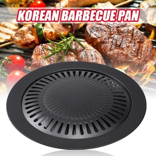 1Pcs Non-Stick Smokeless Barbecue Cooking Plate with Holder Round Iron Korean BBQ Grill Plate Portable Outdoor Barbecue Plate