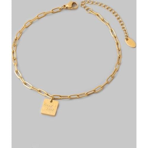 2021 Summer 316L Stainless Steel Signet Anklets For Women Simple Engraved with Good Luck Letter Bracelets Waterproof