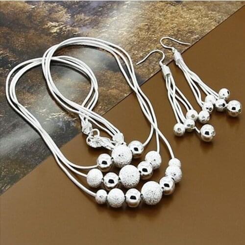 925 Silver Scrub Balls Necklace Long Earrings Jewelry Set For Women Valentine Wedding Engagement Gifts