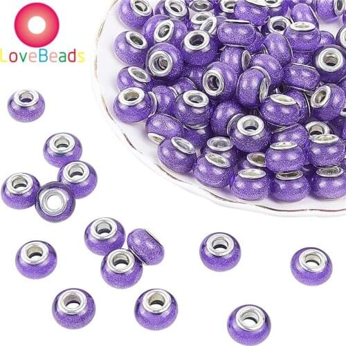 10Pcs Lot Purple Color Glitter Muranos Large Hole Rondelle European Spacer Beads Fit Pandora Bracelet Women DIY Earrings Jewelry
