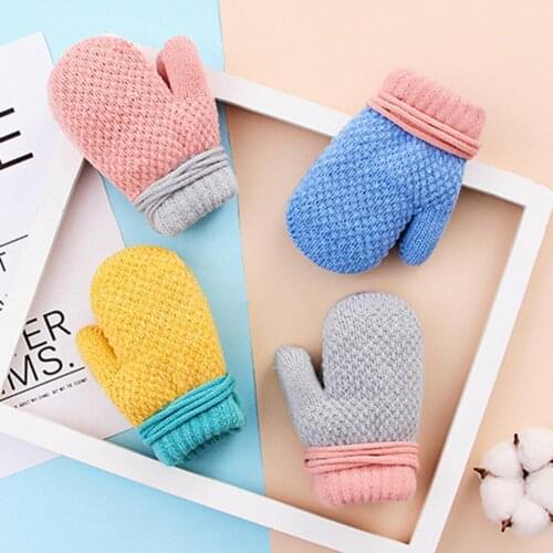 Kids Boys Girls Knitted Full Finger Rope Hanging Neck Gloves Warm Winter Mittens