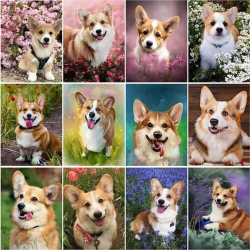Diy 5d Full Diamond Embroidery Animal Square Round Diamond Flowers Corgi Dog Mosaic Furniture Decoration Hobby Gift
