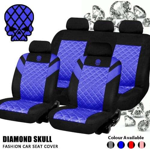 Skull Embroidery Diamond Pattern Embossed Full Set and 2 Front Seats Interior Accessories Universal Car Seat Cover
