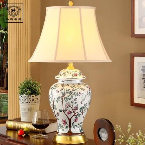 Jingdezhen European Style Full Copper Ceramic table Lamp Bedroom Bedside Lamp, New Chinese Living Room Decoration table lamp