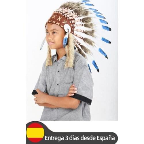 Indian headdress Handmade for children (5 to 8 years old) 54 cm / 21,25 head circumference made with real blue swan