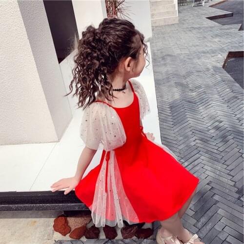 Summer Girls Dress 2021 New Star Net Yarn Stitching Flying Sleeves Red Dress Princess Dress 2-6Years Fashion Children Clothing