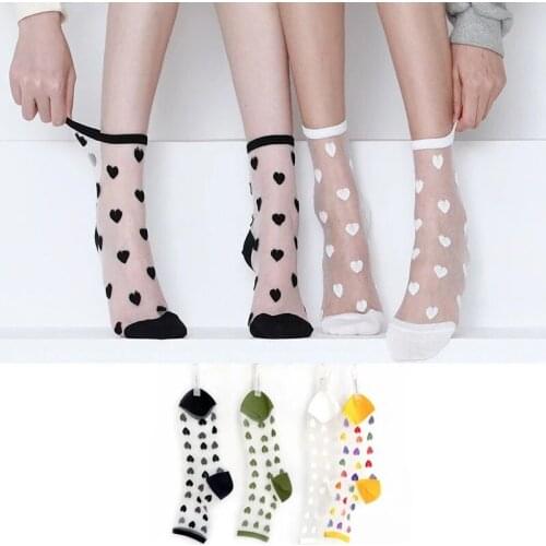 Summer Heart-shaped Tulle Glass Stockings Female Korean New Lace Transparent Ultra-thin Mesh Nylon Transparent Tube Socks