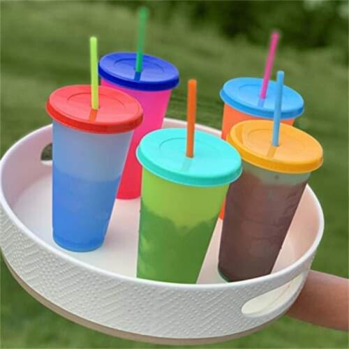 Color Changing Cold Water Cup Water Bottle Cap Reusable 24 Ounce Plastic Magic Cup Coffee Cup Kettle With Straw Set