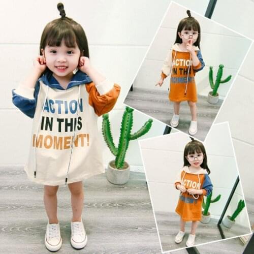 Children Girls Fashion Stitching Contrast Color Long Sleeve Letter Hoodies Dress Baby Girl Sweater Hooded Dresses Kids Clothes