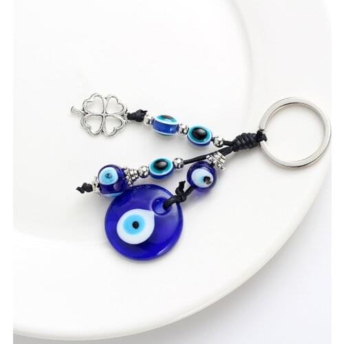 Nazar Boncuğu Eye Fashion Alloy Clover Shape Charm Car Keychain Jewelry Pendant With Bule Eye Bead L0212