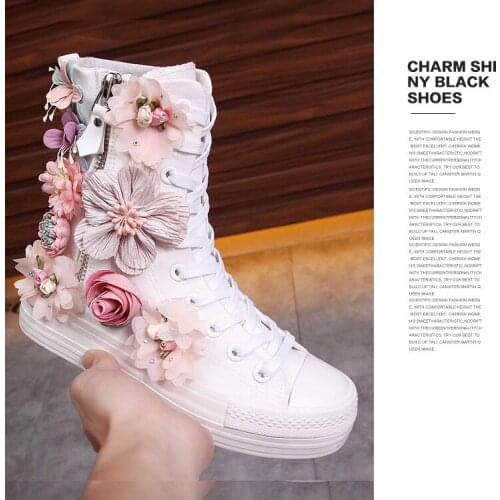 2021 new high-top thick-soled canvas shoes Korea heavy industry hydraulic drill flower sequins sweet lady princess