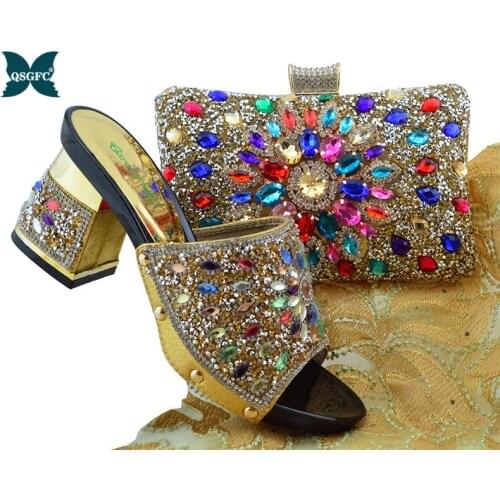 Newest Arrival Gold Color African Women Matching Italian design Shoes and Bag Set Decorated with Rhinestone Italian Ladies Shoes