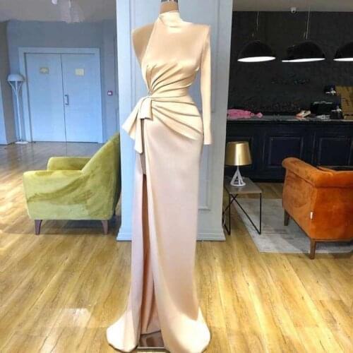 Sexy Evening Dresses Sheath High Collar Long Sleeves Slit Dubai Saudi Arabia Long Prom Dress Gown Robe De Soiree