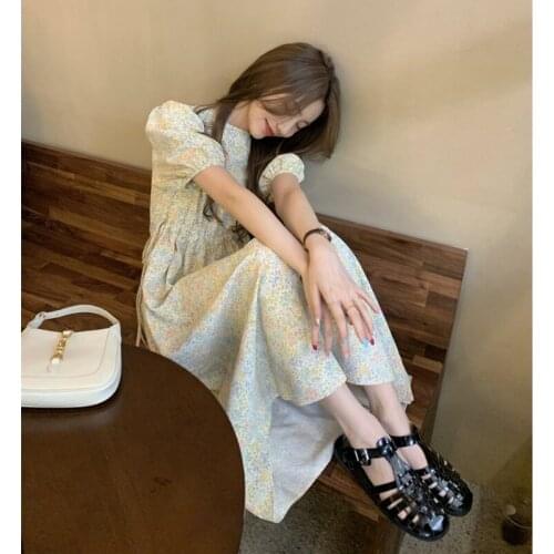 Temperament Round Neck Floral Skirt Waist Was Thinner Mid-length Dress Female Summer Girl Tutu Skirt Student Age Reduction Skirt