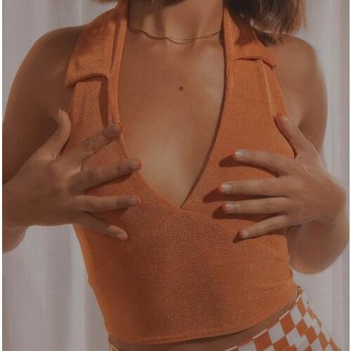 V-Neck Sleeveless Halter Top Women Slim Elastic Ruched Sexy Backless Lace up Crop Tops Women Summer 2021 Casual Tops