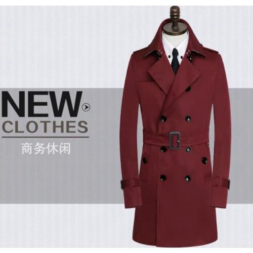 Mens trench coats wine red belt spring autumn man double breasted long coat men clothes casual slim fit overcoat long sleeve 9XL