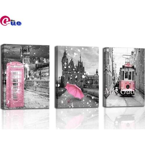 Diamond Painting Triptych 5d London Big Ben Tower Landscape Pink Bus Phone Booth Winter Snow Scene Black And White Architecture