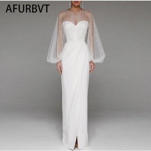 Evening Dress Long Puff Sleeve White Gray Formal Dress Split Fork O-neck Party Prom Dress High-Waist Elegant Robe De Soriee
