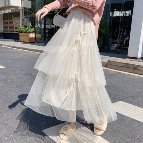 2021 Autumn IrregularTulle Skirt Women Elastic High Waist Mesh Skirts Ruffles Long Tutu Skirt Korean Fashion Womens Clothing