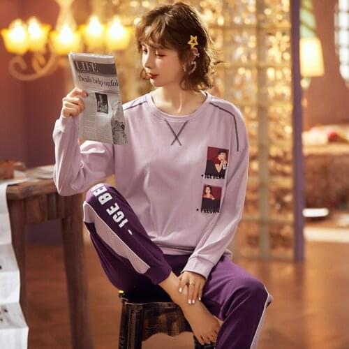 Purple Women Full Cotton Pajamas Set 2PCS Shirt&Pants Pyjamas Sleepwear Suit Cute Cartoon Nightgown Nightwear Big Yards M-XXL