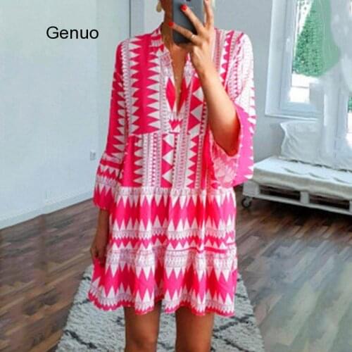 Fashion Geometric Print Boho Beach Dress Women V Neck Summer Dress Casual Lady Bohemia Printed Dress Vestidos
