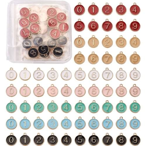 70Pcs Flat Round 0-9 Number Charms Light Gold Plated Alloy Enamel Pendants For DIY Bracelet Necklace Earrings Jewelry Making